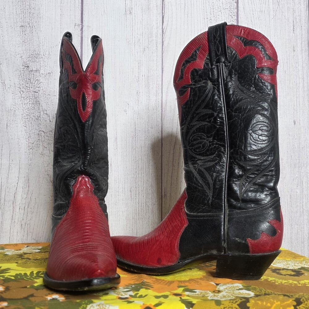 Vintage Tony Lama 1223 Red Lizard Black Leather Cowboy Boots 6.5 B Western